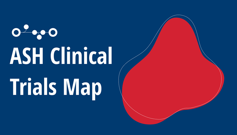 Decorative Image showing a red blurb and text of ASH clinical trials Map.