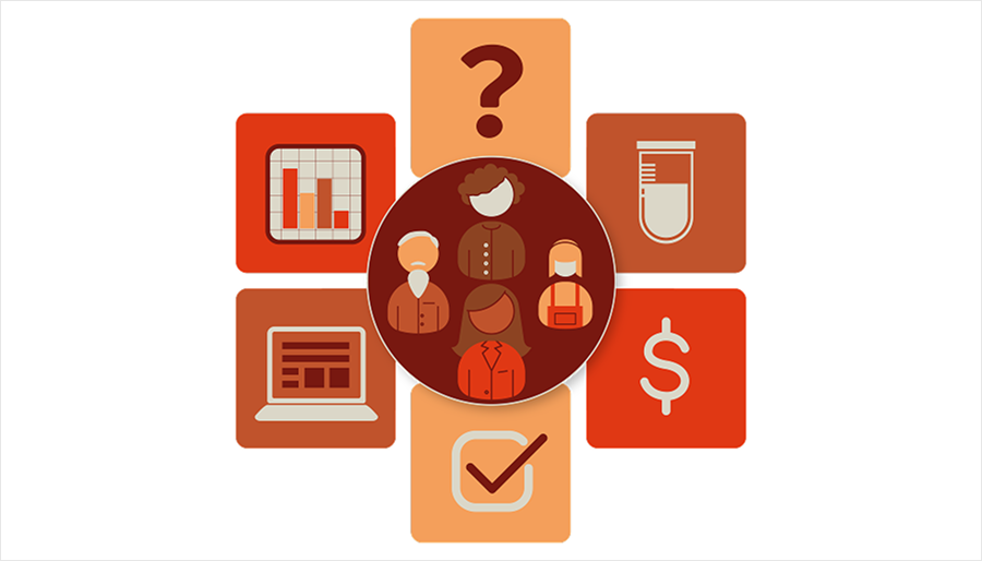 Decorative Image showing icons of people surrounded by icons for the stages of the clinical trials process.